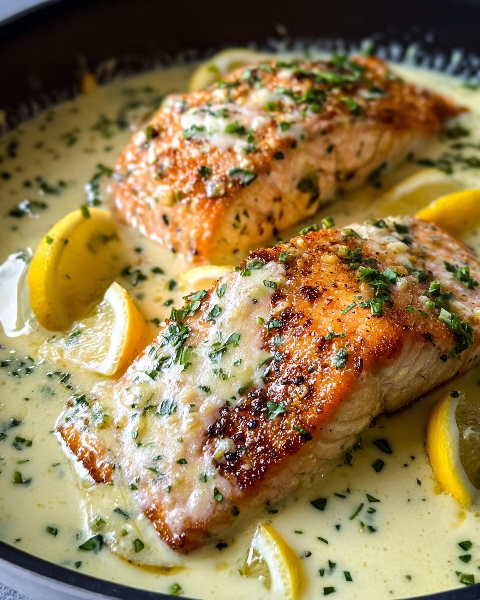 The image shows two pieces of cooked salmon with a golden brown crust on top, sitting in a creamy sauce with small green herb bits. The sauce is light yellow and looks rich and smooth, covering the bottom of a dark pan. There are a few slices and halves of bright yellow lemons placed around the salmon, adding a fresh and vibrant color contrast. Small chopped green herbs are sprinkled on top of the salmon and sauce, giving a fresh touch. The scene is close up, showing texture details of the salmon flakes, sauce, and lemon. photo taken with an iphone --ar 4:5 --v 7