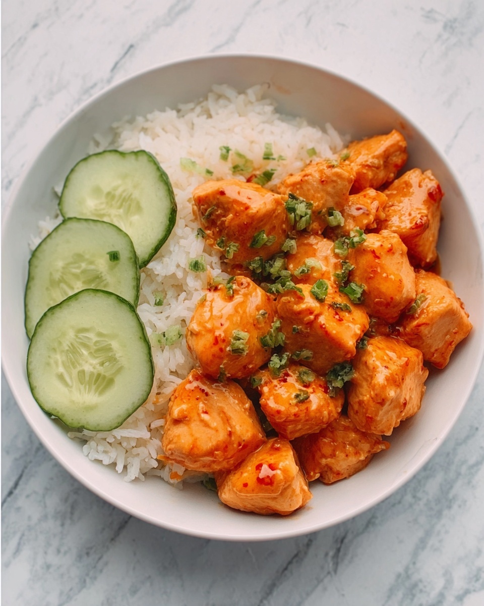 The image shows a white bowl filled with cooked white rice on one side and bright orange pieces of cooked chicken on the other side, garnished with small green herb bits on top of the chicken. Three green cucumber slices are placed neatly on the rice beside the chicken. The bowl sits on a white marbled surface. photo taken with an iphone --ar 4:5 --v 7