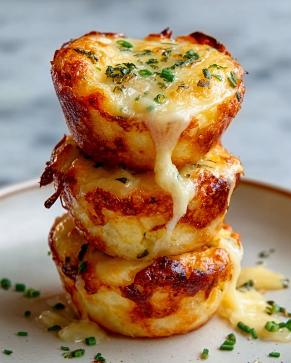Three golden-brown, toasted cheese muffins are stacked on a white plate with a white marbled background. The muffins have a crispy outer layer with melted cheese oozing out between the layers. The top muffin shows a bubbly, slightly browned cheese surface mixed with small green herb pieces. The middle and bottom muffins reveal soft, melted cheese strings stretching down. Small green herb bits are sprinkled around the plate. Photo taken with an iphone --ar 4:5 --v 7