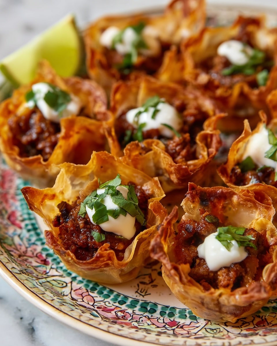 The dish shows several small cups made from thin, crispy, golden-brown pastry layers with curled edges. Each cup is filled with rich brown cooked meat mixed with a red sauce. Some cups have a small dollop of white cream topped with chopped green herbs. The cups are placed closely together on a white plate with colorful patterned edges, all set on a white marbled surface. A wedge of lime is partly visible on the left side. photo taken with an iphone --ar 4:5 --v 7