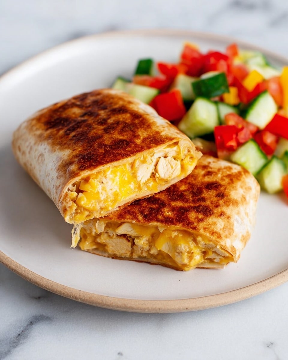 Two folded and toasted burritos with a golden brown crust are placed on a white plate. One burrito is whole and flat on the plate while the other is stacked on top and cut to show soft layers of melted yellow cheese and light beige chicken inside. On the side, there is a colorful salad with chopped red tomatoes, green chopped cucumbers, and red bell peppers. The plate sits on a white marbled surface. Photo taken with an iphone --ar 4:5 --v 7