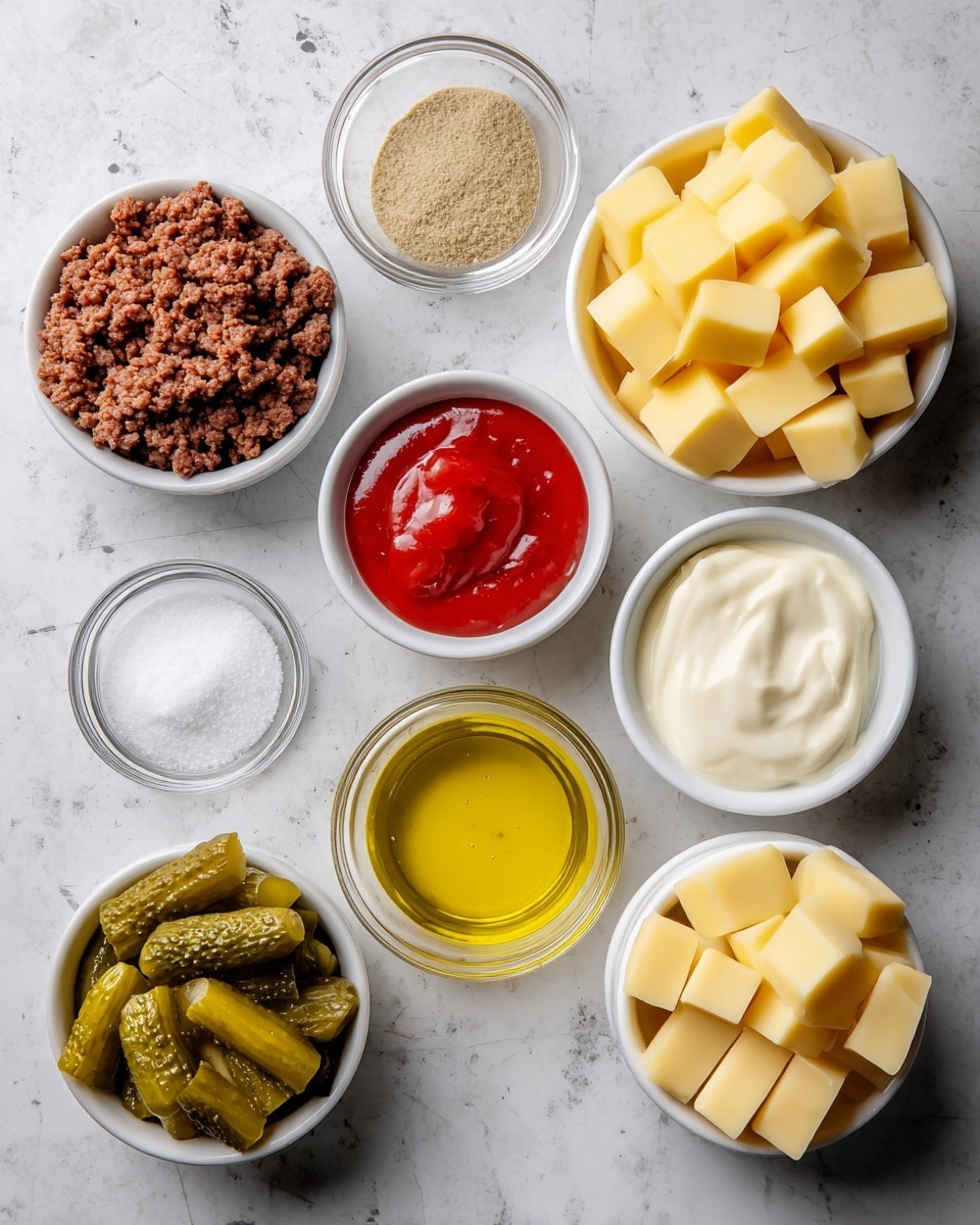 The image shows eight small white bowls arranged on a white marbled surface, each holding different ingredients. Starting from the top right and moving clockwise, the first bowl contains browned ground meat with a crumbly texture. Next to it is a small clear bowl of light brown powder, followed by another clear bowl filled with smooth, bright red ketchup. Below that is a small clear bowl of white granulated salt. Moving up, there is a white bowl of golden yellow oil, beside it a white bowl filled with glossy green pickle slices. At the center left is a white bowl full of neatly cut yellow cheese cubes, with another similar white bowl just above it that also contains more cheese cubes. Above this is a small white bowl filled with creamy white mayonnaise. All bowls are viewed from above, highlighting the distinct colors and textures of each ingredient in a clean and organized display photo taken with an iphone --ar 4:5 --v 7
