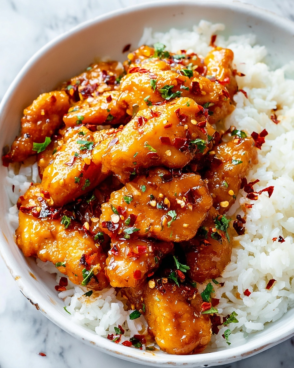 The image shows a black pan filled with several golden-brown cooked pieces, each piece slightly shiny with a sticky, amber-colored sauce being poured over one piece from a metal spoon. The pieces are garnished with small green herb bits and red chili flakes, giving a speckled effect of green and red colors over the warm golden surface. The sauce appears thick and glossy, pooling slightly in the pan around the pieces. The texture of the cooked pieces is uneven and crispy in places, indicating a well-cooked surface with a moist inside. The background is a white marbled texture. photo taken with an iphone --ar 4:5 --v 7