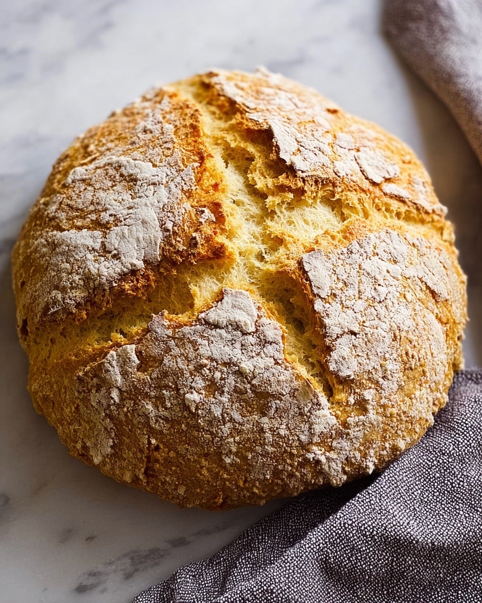 A round loaf of bread with a rough, cracked crust showing a light brown and golden color. The top has deep, uneven cuts forming a cross pattern, revealing a soft, pale yellow inside. The surface is dusted with a bit of white flour, giving it a rustic look. The bread is placed on a white marbled texture with a textured gray cloth partially visible at the bottom right corner. Photo taken with an iphone --ar 4:5 --v 7