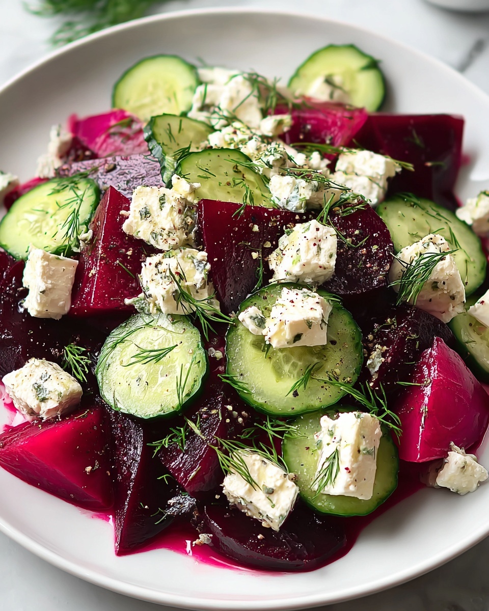 A white plate filled with a colorful salad showing three layers: the bottom layer has dark red beet pieces that are cut into wedges and scattered across the plate, the middle layer features round, thin cucumber slices with a fresh green color placed evenly among the beets, and the top layer is made of small white cheese chunks sprinkled all over with some fresh green dill sprigs. The salad has a slight shine, and some black pepper is visible on the top. The background is a white marbled surface. Photo taken with an iphone --ar 4:5 --v 7