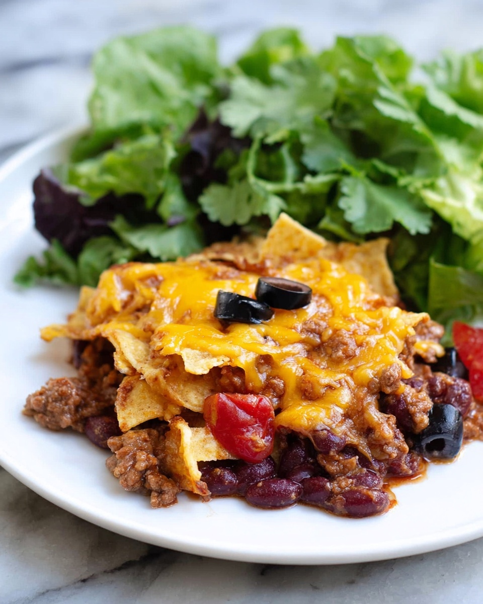 The white plate sits on a white marbled surface, holding a layered dish and fresh greens. The bottom layer is dark red beans mixed with chunks of ground meat in a thick sauce. Above this is a layer of broken tortilla chips, light yellow with a crispy texture. Scattered on top are black olives and small pieces of red tomato. The dish is topped with melted cheddar cheese, bright orange and gooey, covering the chips and filling. To the side is a bunch of fresh, green leafy lettuce that looks crisp and fresh. Photo taken with an iphone --ar 4:5 --v 7