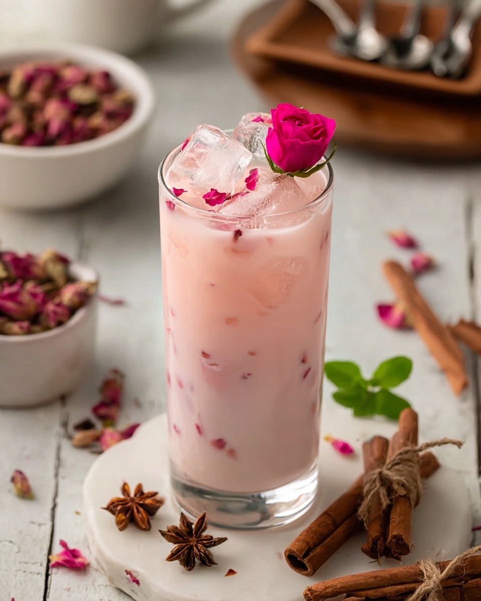 The image shows a tall clear glass filled with a pale pink drink that has visible layers, starting with a thicker pink layer at the bottom, followed by a lighter creamy pink layer with ice cubes scattered through it. There are small pink rose petals mixed inside the drink and floating on top. The glass is topped with several clear ice cubes and a small bright pink rose with green leaves. The glass sits on a white marbled surface decorated with whole cinnamon sticks tied with string, star anise, rose petals, and a green mint leaf, with a blurred background showing a white bowl filled with dried rose petals on the left and a wooden tray holding spoons in the back. photo taken with an iphone --ar 4:5 --v 7