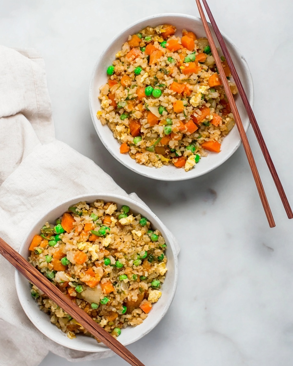 The image shows two white bowls filled with fried rice on a white marbled surface. Each bowl contains a mix of small grains of rice, orange carrot cubes, green peas, and pieces of cooked onion with a slightly browned look, giving a warm and savory texture. The top bowl is plain with chopsticks resting on the edge, and the bottom bowl also has chopsticks sticking out, resting on the sides. A white cloth napkin is partially under the top bowl for a clean and simple presentation. Photo taken with an iphone --ar 4:5 --v 7