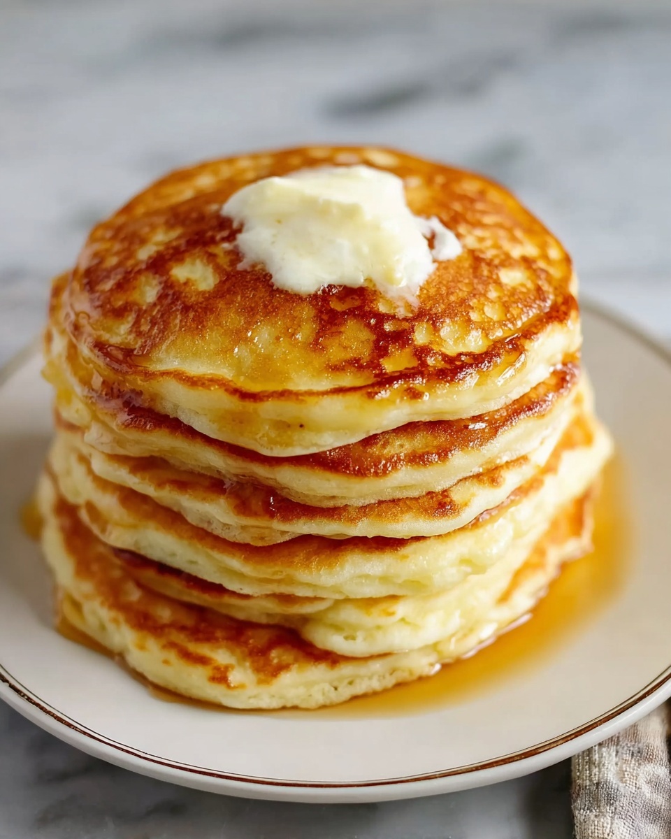 A tall stack of six golden brown pancakes with light, fluffy texture is shown on a white plate with a simple border. On top of the stack is a dollop of melting butter that is starting to spread, and the pancakes have a slight shine from syrup soaking into them. The plate is set on a white marbled surface. photo taken with an iphone --ar 4:5 --v 7