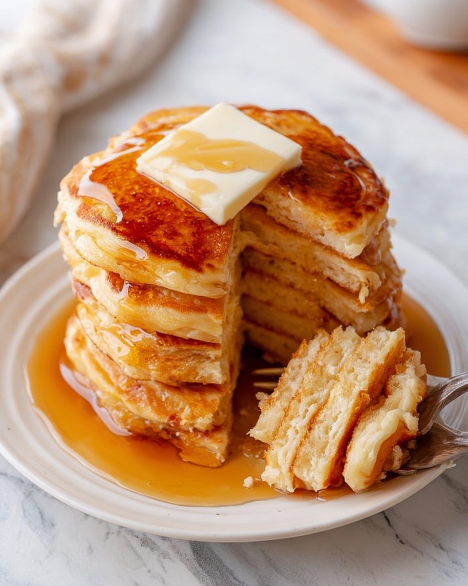 A tall stack of eight golden-brown pancakes sits on a white plate with a square piece of butter melting on top. The pancakes are thick and fluffy, with syrup dripping down the sides and pooling on the plate. A slice has been cut out and is held by a fork, showing the soft, airy texture inside. The scene is set on a white marbled surface with a soft natural light. Photo taken with an iphone --ar 4:5 --v 7