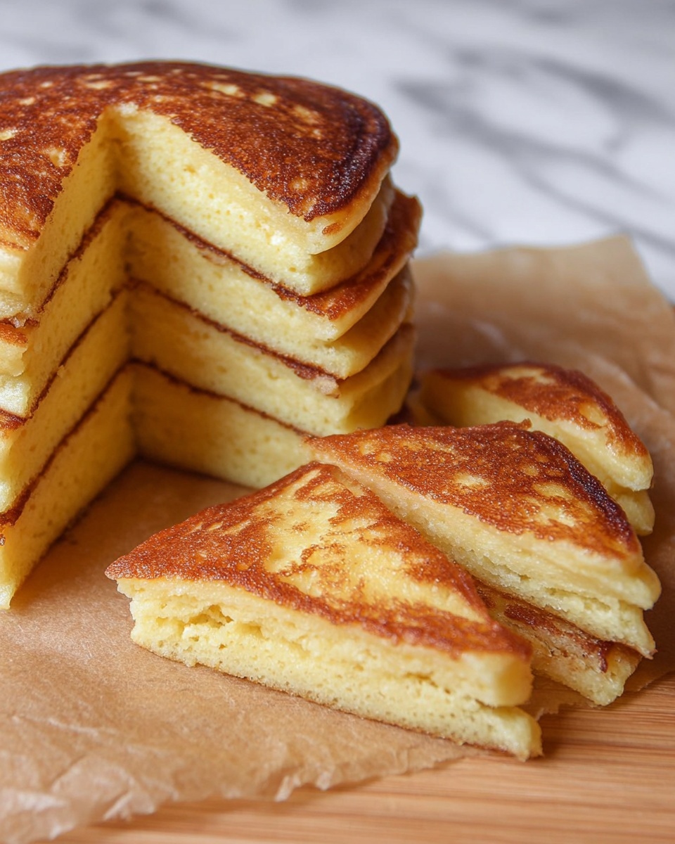 The image shows a stack of thick, golden-brown pancakes with five visible layers, each layer slightly fluffy with a smooth, light yellow interior and a darker browned exterior. In front of the stack, several triangular pancake pieces are arranged on light brown parchment paper over a wooden surface, showcasing the crispy edges and soft inside texture. The background is softly blurred with a simple white marbled texture visible. The photo taken with an iphone --ar 4:5 --v 7