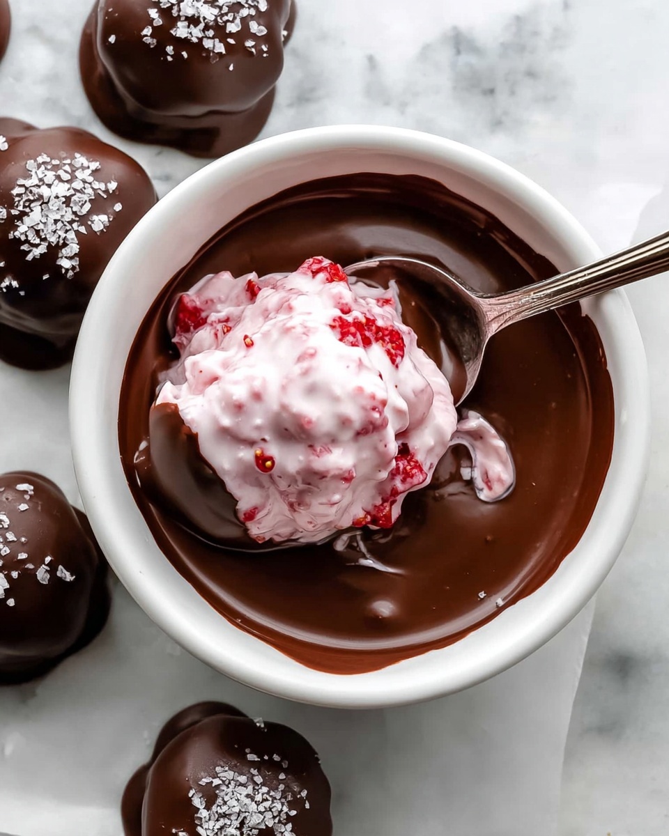 A white bowl is filled with smooth dark chocolate sauce, inside which there is a mound of light pink cream mixed with small bright red fruit pieces, likely strawberries. A silver spoon is partly dipped into the cream and chocolate mix, resting inside the bowl. Around the bowl, there are rounded chocolate-covered treats with dark, glossy surfaces sprinkled with small white coarse grains, all placed on a white marbled surface. photo taken with an iphone --ar 4:5 --v 7