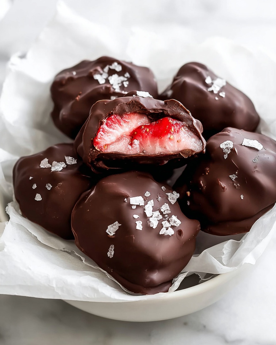 The image shows a white bowl lined with white parchment paper filled with several chocolate-covered clusters. Each cluster is covered in smooth, dark chocolate with a few flakes of sea salt on top, adding a touch of texture and shine. One cluster is cut in half, revealing two clear layers inside: a red layer of fresh strawberry pieces and a light pink creamy layer beneath the chocolate coating. The bowl sits on a white marbled surface, and the overall look is clean and inviting, highlighting the glossy texture of the chocolate and the fresh fruit inside. photo taken with an iphone --ar 4:5 --v 7