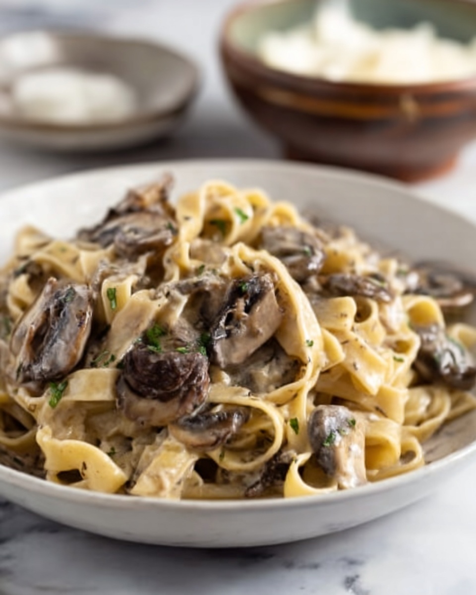 The image shows a plate with creamy mushroom pasta served on a round white plate. The pasta strands are light tan, mixed with sliced brown mushrooms, and topped with small sprigs of fresh thyme. Above the plate, a pan with extra pasta and mushrooms is partially visible, showing a similar creamy texture and rich brown mushroom slices. To the side, there is a small black bowl with shaved pale yellow cheese and a few thyme sprigs. The scene is set on a white marbled wooden surface with a deep red cloth and black fork on the left side. photo taken with an iphone --ar 4:5 --v 7