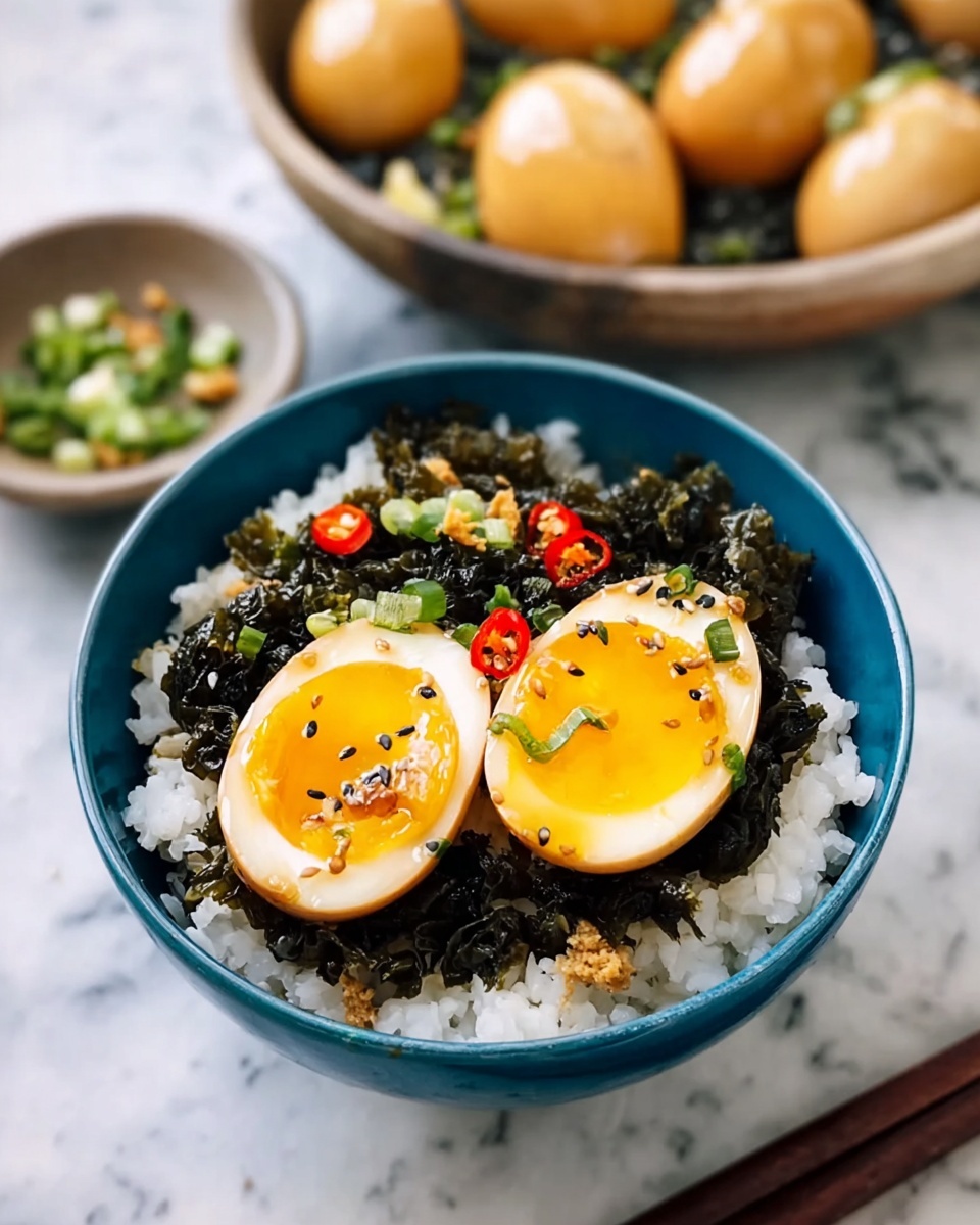 A blue bowl filled with a base layer of white cooked rice with scattered black sesame seeds, topped with a thick layer of dark green crumbled seaweed, and two halved soft boiled eggs placed on top showing bright yellow yolks with a shiny, slightly sticky texture; some small pieces of chopped green onions and red chili peppers are sprinkled around the eggs. In the background, a blurred bowl with more eggs and chopped ingredients is visible on a white marbled surface next to a pair of dark wooden chopsticks. Photo taken with an iphone --ar 4:5 --v 7