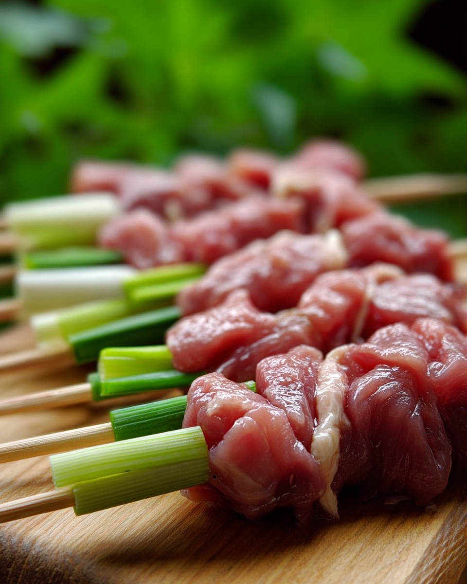 Raw pink meat pieces are threaded on light brown wooden skewers, alternating with thick green and white stalks of green onion. The skewers lie in two overlapping rows on a tan wooden board with a smooth texture. The background features soft green blurred leaves, creating a fresh atmosphere. The meat has a smooth, slightly shiny surface, showing its freshness. Photo taken with an iphone --ar 4:5 --v 7