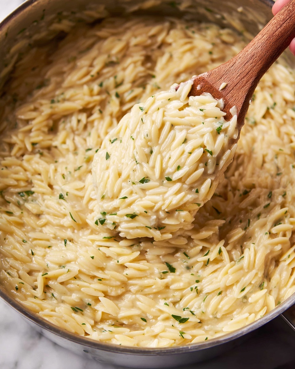 A close-up image shows creamy orzo pasta with a smooth, slightly shiny texture, cooked to soft but firm, mixed with small bits of green herbs scattered through the off-white layers of pasta. The orzo is in one thick layer inside a large metal pot. A woman’s hand holding a wooden spoon is lifting a large scoop of the orzo, showing the creamy texture and the small pasta pieces clinging together. The background is a white marbled texture. photo taken with an iphone --ar 4:5 --v 7