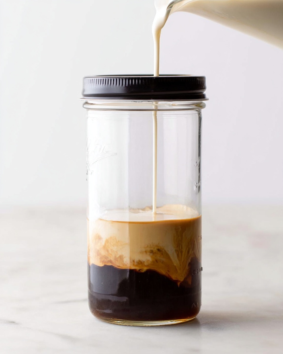 A tall clear glass jar with a black lid sits on a white marbled surface. Inside the jar, a dark brown liquid forms the bottom layer, with a lighter creamy layer gently swirling and mixing above it. From the top right, a white liquid is being poured into the jar, creating a smooth, flowing stream that mixes with the darker layer below. The background is plain and white, emphasizing the contrast between the liquids and the jar. photo taken with an iphone --ar 4:5 --v 7