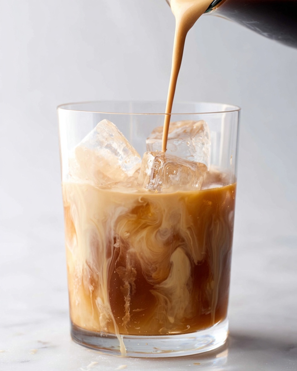 A clear glass filled halfway with large ice cubes sits on a white marbled surface, with a light brown creamy liquid being poured into it from above, creating soft swirls and drips down the inside of the glass; the liquid has a smooth texture with layers of darker brown mixing into a creamy beige, and the pouring stream is mid-air, slightly curved. photo taken with an iphone --ar 4:5 --v 7