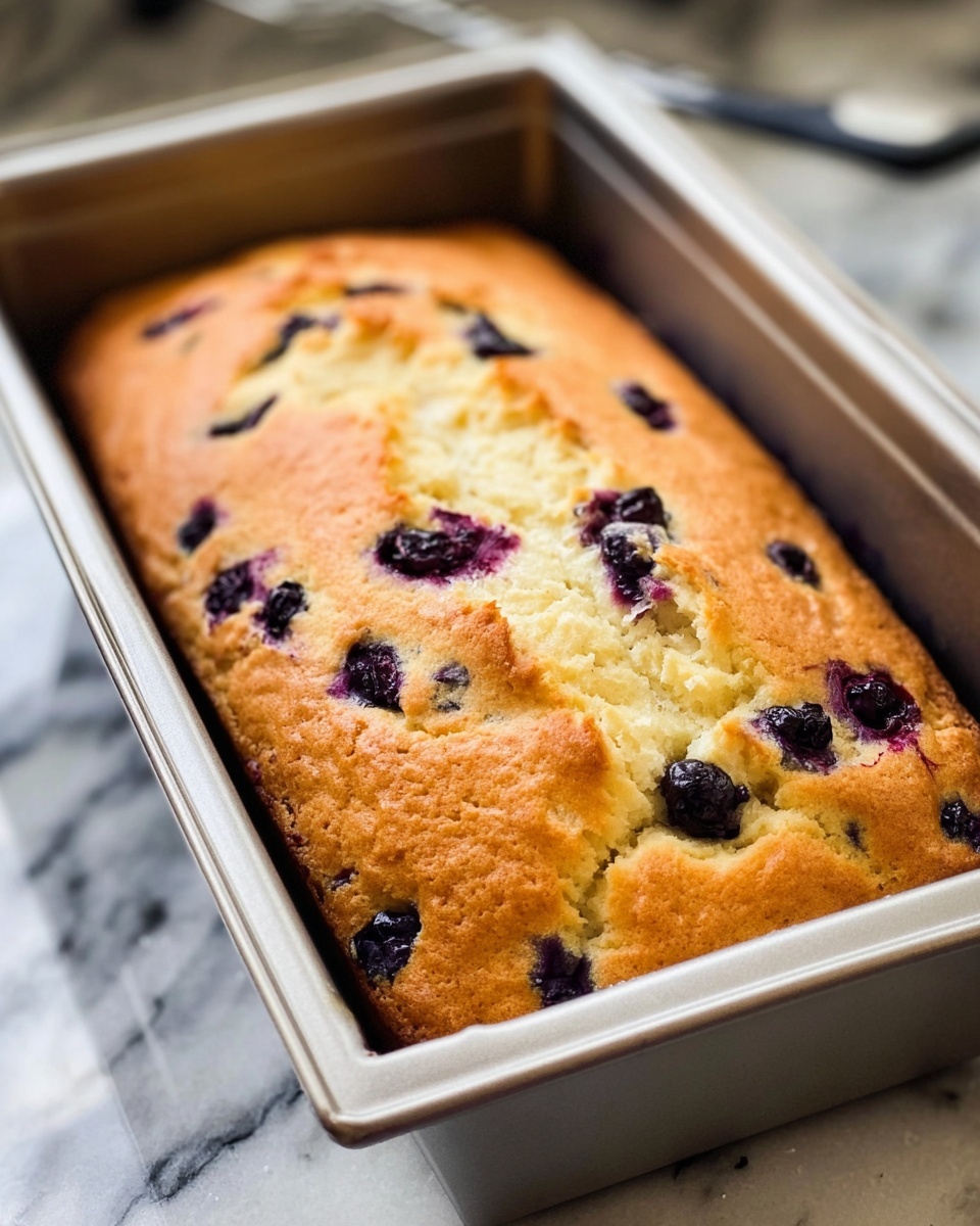 A single golden brown loaf of blueberry bread sits in a silver baking pan, resting on a white marbled surface. The bread has a slightly cracked top crust, showing soft, light yellow dough inside with visible dark purple blueberries scattered unevenly throughout. The loaf fills the pan fully, rising well with a textured, slightly uneven surface. The silver baking pan has clean edges and is positioned at an angle, with out-of-focus kitchen elements in the background. photo taken with an iphone --ar 4:5 --v 7