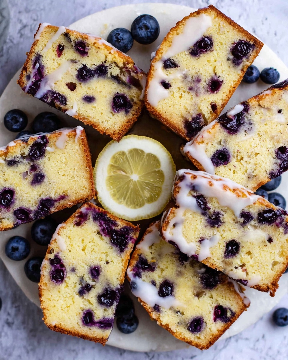The image shows eight slices of blueberry lemon cake arranged on a round white plate with a white marbled texture background underneath. Each slice has a golden brown crust with a soft, moist yellow cake inside, filled with small whole blueberries scattered throughout, creating dark purple spots. On top of each slice, there is a light drizzle of white icing that adds a glossy texture. In the center of the plate, there is a single round slice of lemon with pale yellow flesh. A few loose blueberries are scattered around the plate, adding contrast. Photo taken with an iphone --ar 4:5 --v 7