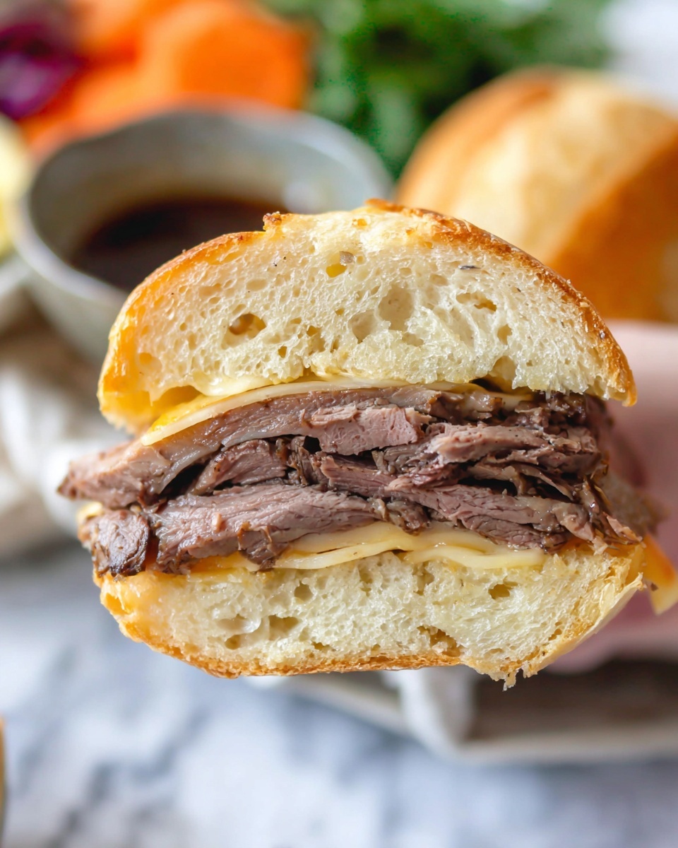 A close-up view of a sandwich held by a woman's hand shows three main layers: the top layer is a golden brown, slightly textured toasted bun with small holes; the middle layer is thick, tender slices of medium-brown roast beef with visible grain and a moist texture; the bottom layer is a slice of pale yellow melted cheese resting on the bottom half of the toasted bun, which has the same golden brown color and airy texture as the top. The background features blurred fresh vegetables and a white marbled surface, with part of another sandwich and a small container of dark sauce visible nearby. photo taken with an iphone --ar 4:5 --v 7