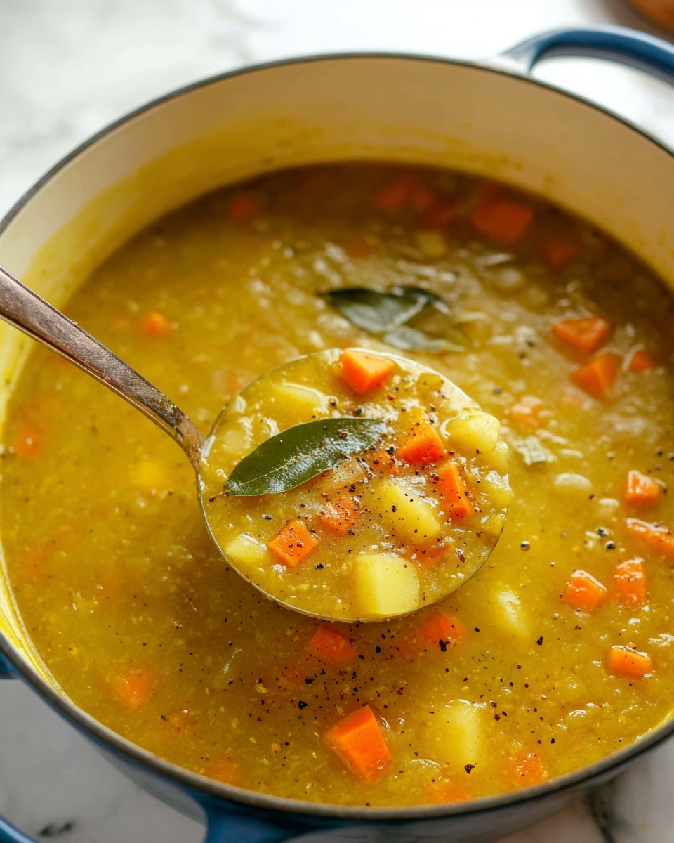 A close-up view of a thick, yellowish-green soup with visible small cubes of orange carrots and pale potatoes scattered throughout. Two bay leaves float near the surface, and black pepper is sprinkled on top, adding small dark specks. A silver ladle lifts a portion of the soup, showing its chunky, hearty texture. The soup is in a large white pot with a blue edge, set against a white marbled surface with a clear focus on the vibrant colors of the soup. Photo taken with an iphone --ar 4:5 --v 7