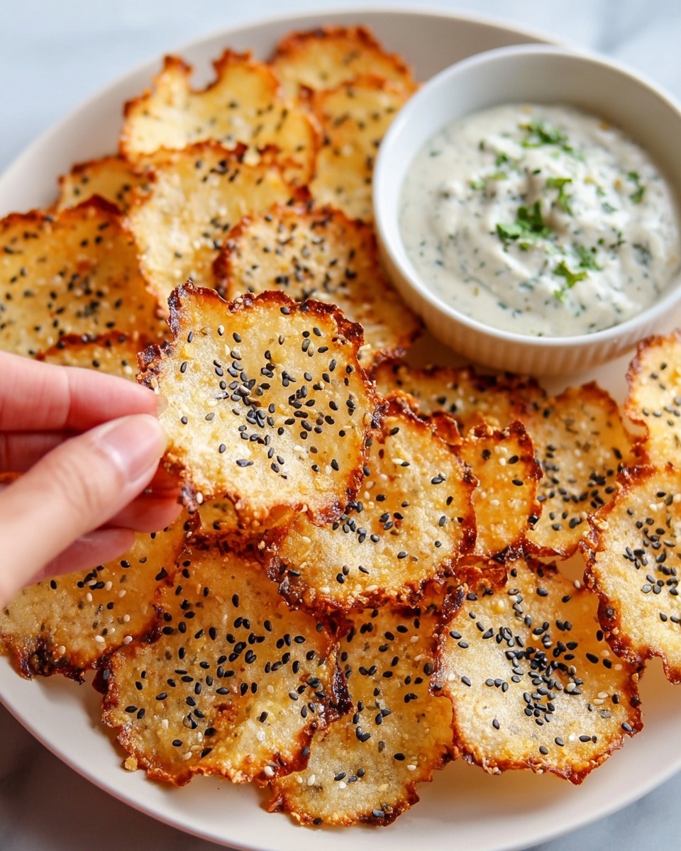A white plate filled with round, golden-brown crispy chips sprinkled with black and white sesame seeds, each chip having a slightly uneven texture and edges that are darker and crispier. A woman's hand is holding one chip near the center of the image, showing the thin, crunchy texture. In the background, there is a small white bowl with a creamy white dip that has green herbs sprinkled on top. The whole setup is placed on a white marbled surface. photo taken with an iphone --ar 4:5 --v 7
