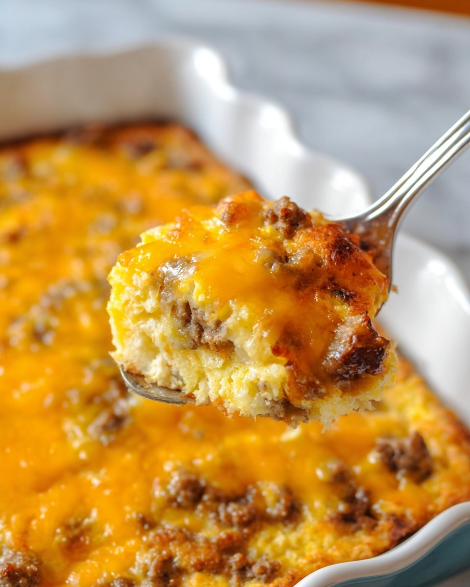 A close-up of a spoonful of a baked dish lifted from a white scalloped-edge baking dish filled with a cheesy, golden brown casserole. The casserole has three visible layers: a soft, light yellow egg base with a slightly crumbly texture; a middle layer of browned ground meat mixed evenly throughout; and a melted, bubbly layer of bright orange and yellow cheddar cheese on top. The dish looks hot with steam rising and the background shows a white marbled texture surface. photo taken with an iphone --ar 4:5 --v 7