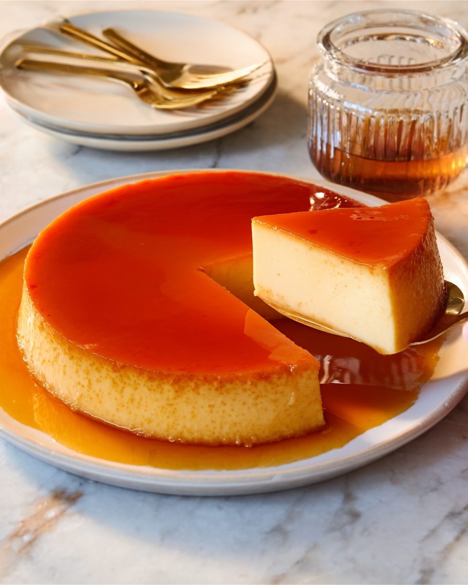 A smooth caramel flan sits in the middle of a round white plate, with a shiny, golden caramel layer on top that gently drips slightly down the sides. The creamy, light beige custard layer forms the thick base beneath the caramel, showing a soft and silky texture. A wedge has been gently lifted from the ring, held by a woman's hand, revealing the smooth inside and clean edges. The plate rests on a white marbled surface, with a clear glass syrup jar and two empty white plates with gold forks in the background. The whole scene looks warm and inviting. photo taken with an iphone --ar 4:5 --v 7