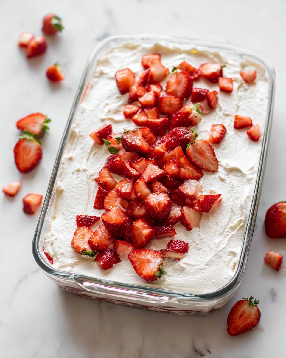 The dish is a rectangular glass baking dish filled with a white creamy layer that looks fluffy and smooth, covering the entire top. On top of the cream, there is a scattering of fresh, sliced red strawberries varying in size and shape, some whole with green leaves and some chopped into small pieces. The strawberries are mainly centered, with some spreading out toward the edges. The dish is placed on a white marbled surface, and a few strawberry pieces are placed around the dish. The lighting is bright, highlighting the fresh and soft textures. photo taken with an iphone --ar 4:5 --v 7