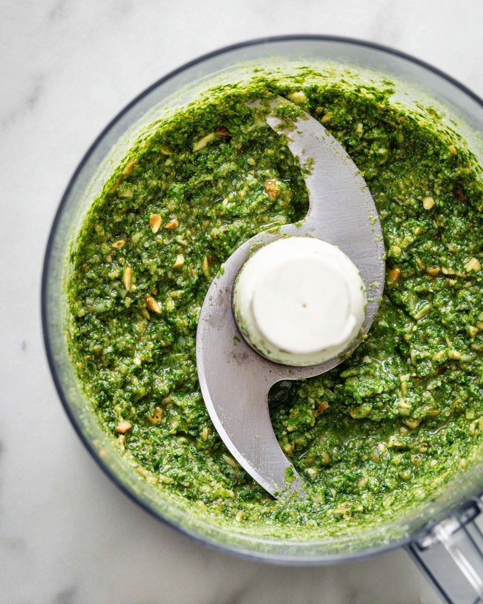 A close-up top view of a clear glass food processor bowl filled with a green herb sauce, showing small pieces of nuts or seeds mixed throughout. The sauce has a slightly coarse texture and looks moist. The plastic blade in the center is white with a silver edge, partially covered by the sauce. The bowl is on a white marbled surface. photo taken with an iphone --ar 4:5 --v 7