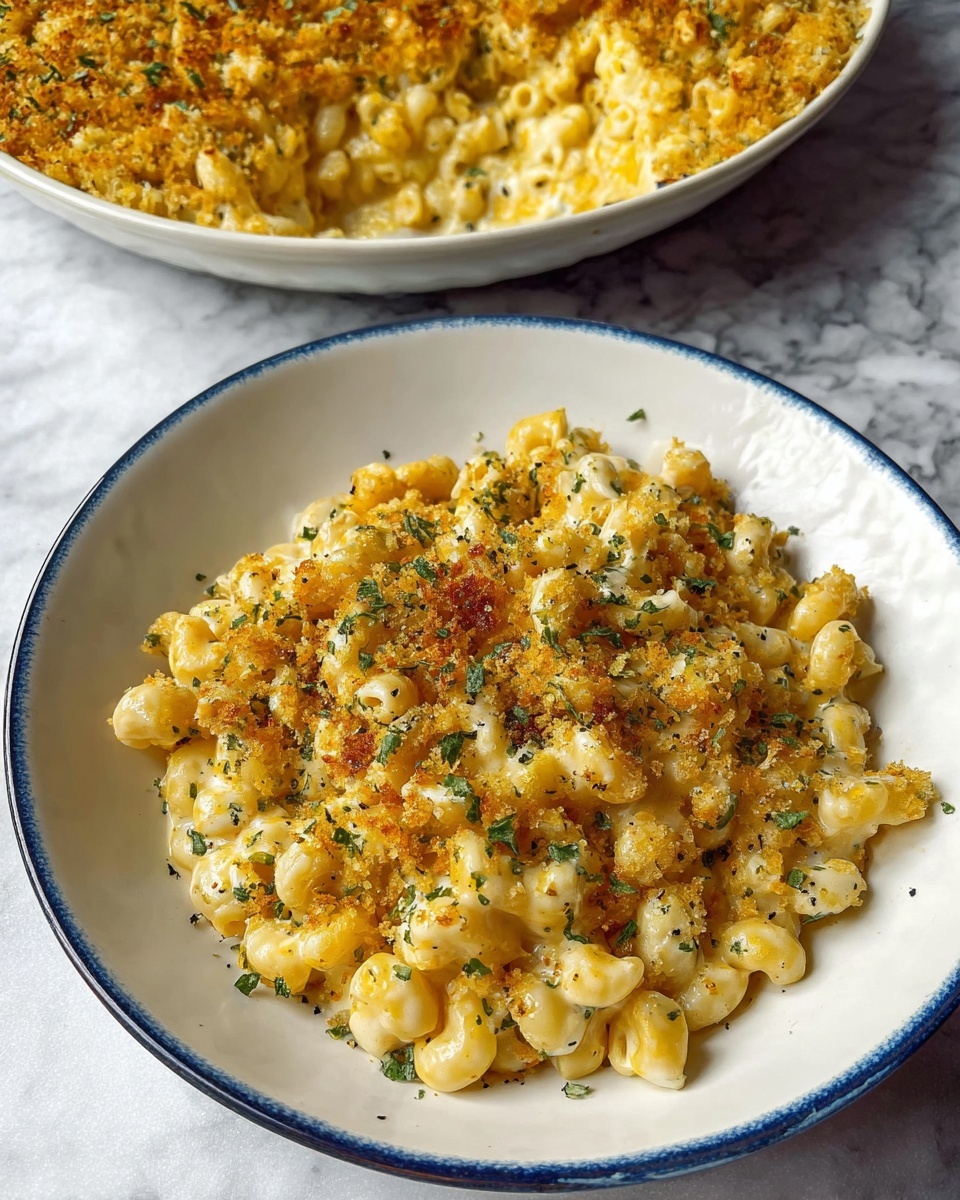 A white plate holds creamy macaroni pasta covered in a smooth, pale yellow cheese sauce with flecks of green herbs scattered on top. The dish has a crunchy golden-brown breadcrumb topping spread unevenly around the pasta, adding texture with small browned bits and a slightly rough surface. The sauce glistens, coating the curved macaroni shells, while tiny black pepper specks dot both the cheese and topping. The background is a white marbled texture, and a blue bowl is blurred in the back with more of the same dish. photo taken with an iphone --ar 4:5 --v 7