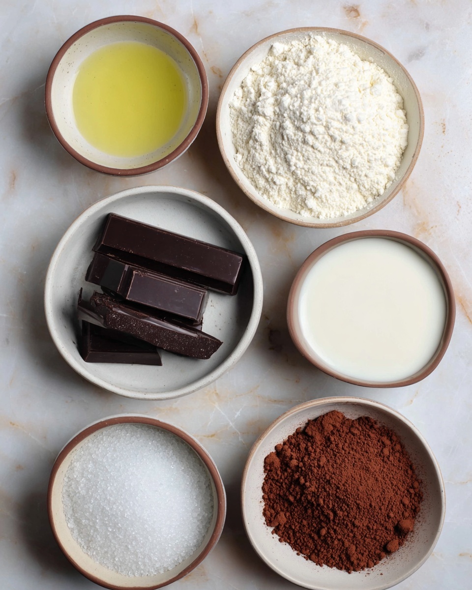 Six small bowls sit on a white marbled surface arranged in a circular shape. At the top, a bowl holds a pile of white flour with a soft, powdery texture. To the left, a bowl filled with clear, light yellow oil. To the right, a bowl with white milk showing a smooth texture. In the center is a white bowl with several dark brown chocolate bars stacked unevenly. At the bottom left, a bowl contains white sugar crystals that sparkle slightly. Bottom right holds a pile of brown cocoa powder with a fine, soft texture. Photo taken with an iphone --ar 4:5 --v 7