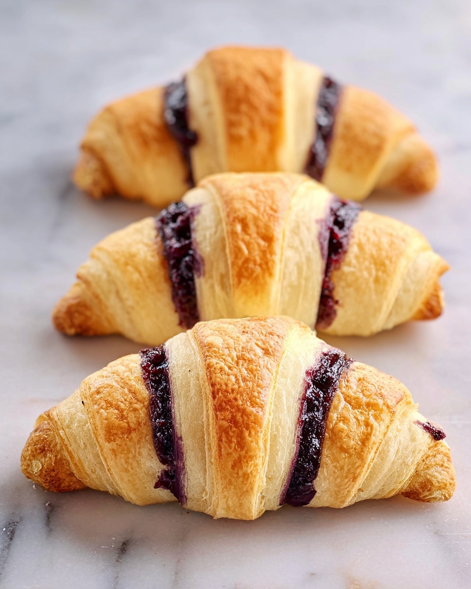 The image shows seven small crescent-shaped pastries on a baking sheet lined with white parchment paper, placed on a white marbled surface. Each pastry has three layers of golden-brown dough wrapped around a thick, shiny dark purple blueberry filling that oozes slightly onto the parchment. The tops of the pastries are dusted lightly with white powdered sugar, creating a soft contrast with the purple filling and shiny crispy dough. The pastries are slightly spaced apart, with uneven edges and a homemade look. photo taken with an iphone --ar 4:5 --v 7