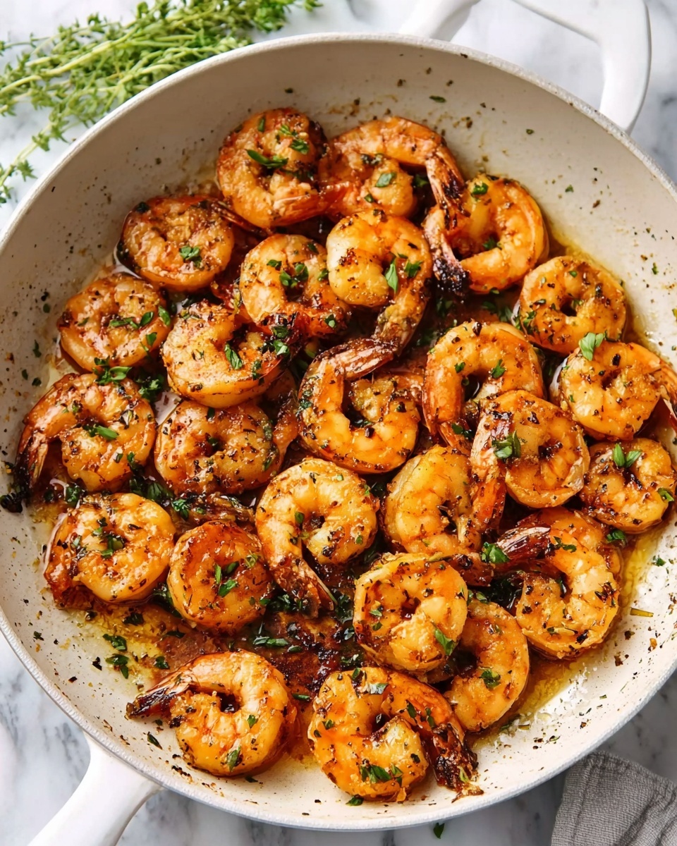 A white pan filled with a layer of cooked shrimp that are orange with some black grill marks and small green herb pieces sprinkled over them. The shrimp are spread evenly, showing a crispy texture with a slightly shiny surface from oil or sauce. The pan sits on a white marbled surface with some green herb stems visible in the top corner. photo taken with an iphone --ar 4:5 --v 7