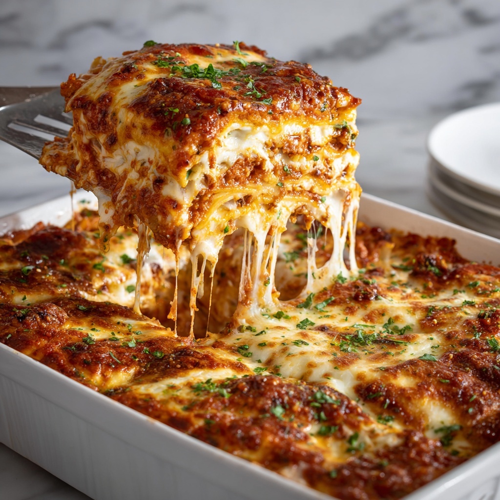 A white dish holds a baked lasagna with a rich, melted cheese top layer that is golden with spots of light brown. The lasagna is cut into square pieces with one piece lifted up by a metal spatula, revealing multiple layers underneath: a top layer of gooey cheese, followed by a reddish tomato sauce, pasta sheets, and creamy white layers mixed with cheese. Fresh green herbs are sprinkled over the top, adding a fresh pop of color. Strings of melted cheese stretch from the lifted piece back to the dish. The background is a white marbled texture. photo taken with an iphone --ar 4:5 --v 7