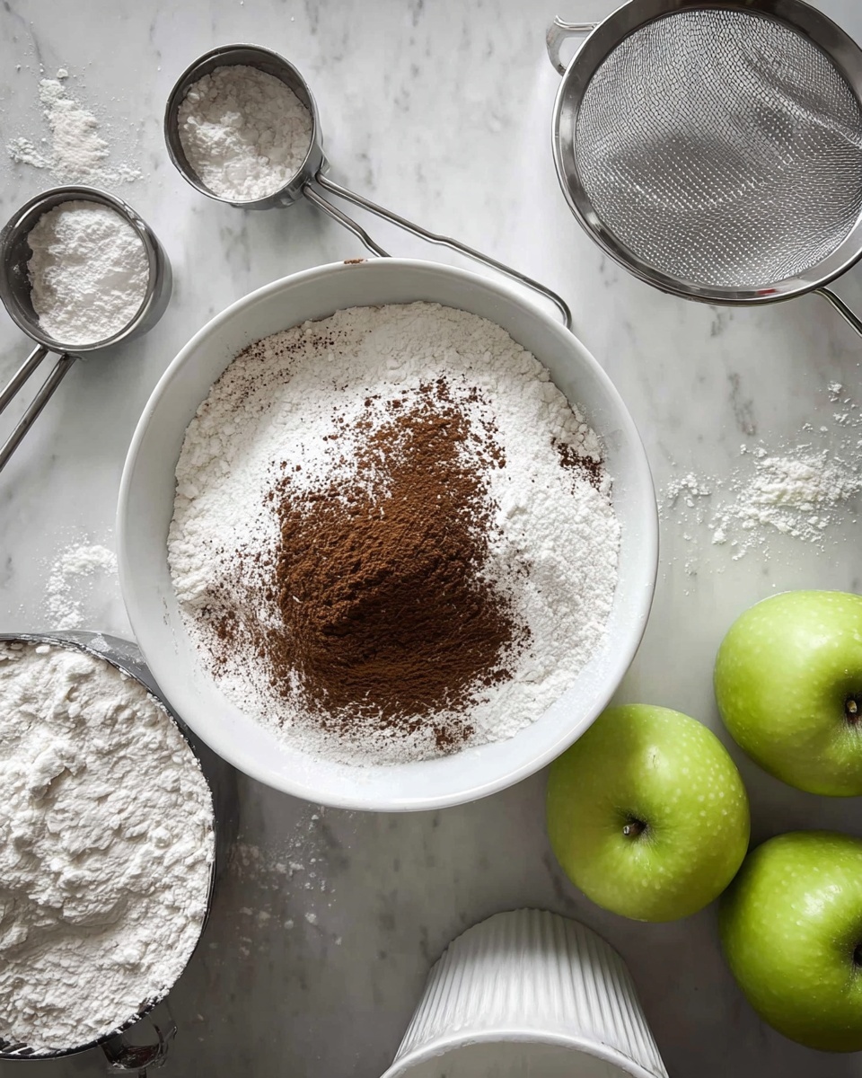 A white bowl sits in the center with a layer of white flour and a dusting of dark brown cocoa powder on top, creating a contrast between the two powders. Surrounding the bowl are metal measuring spoons and cups, some with flour dust on them, placed on a white marbled surface. To the right, three green apples add a fresh pop of color next to a white cake pan with a textured bottom and a fine metal sieve above. The scene is clean and simple, with soft, natural light highlighting the textures and colors photo taken with an iphone --ar 4:5 --v 7