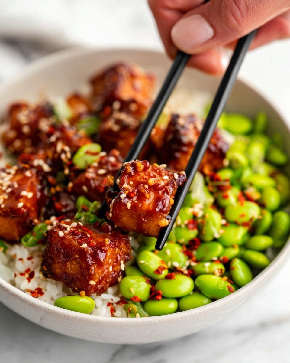 A close-up image of a white bowl filled with layers of food, starting with a base of white rice at the bottom, followed by bright green edamame beans scattered on top, and chunks of dark red-brown glazed tofu pieces coated with sesame seeds and small red chili flakes sitting on the edamame. A woman's hand is holding black chopsticks picking up one piece of the tofu. The bowl sits on a white marbled surface. photo taken with an iphone --ar 4:5 --v 7