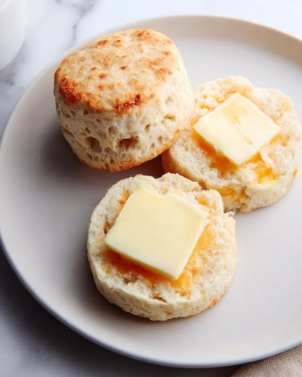 On a white plate with a white marbled background, there are two round biscuits with a light golden-brown color on the edges, showing a soft and fluffy texture. One biscuit is whole, standing upright on the plate. The other biscuit is split into two layers, with the top half slightly beside the bottom half. On the bottom half, there is a square piece of pale yellow butter melting slightly, adding a smooth glossy layer on top of the biscuit. Photo taken with an iphone --ar 4:5 --v 7