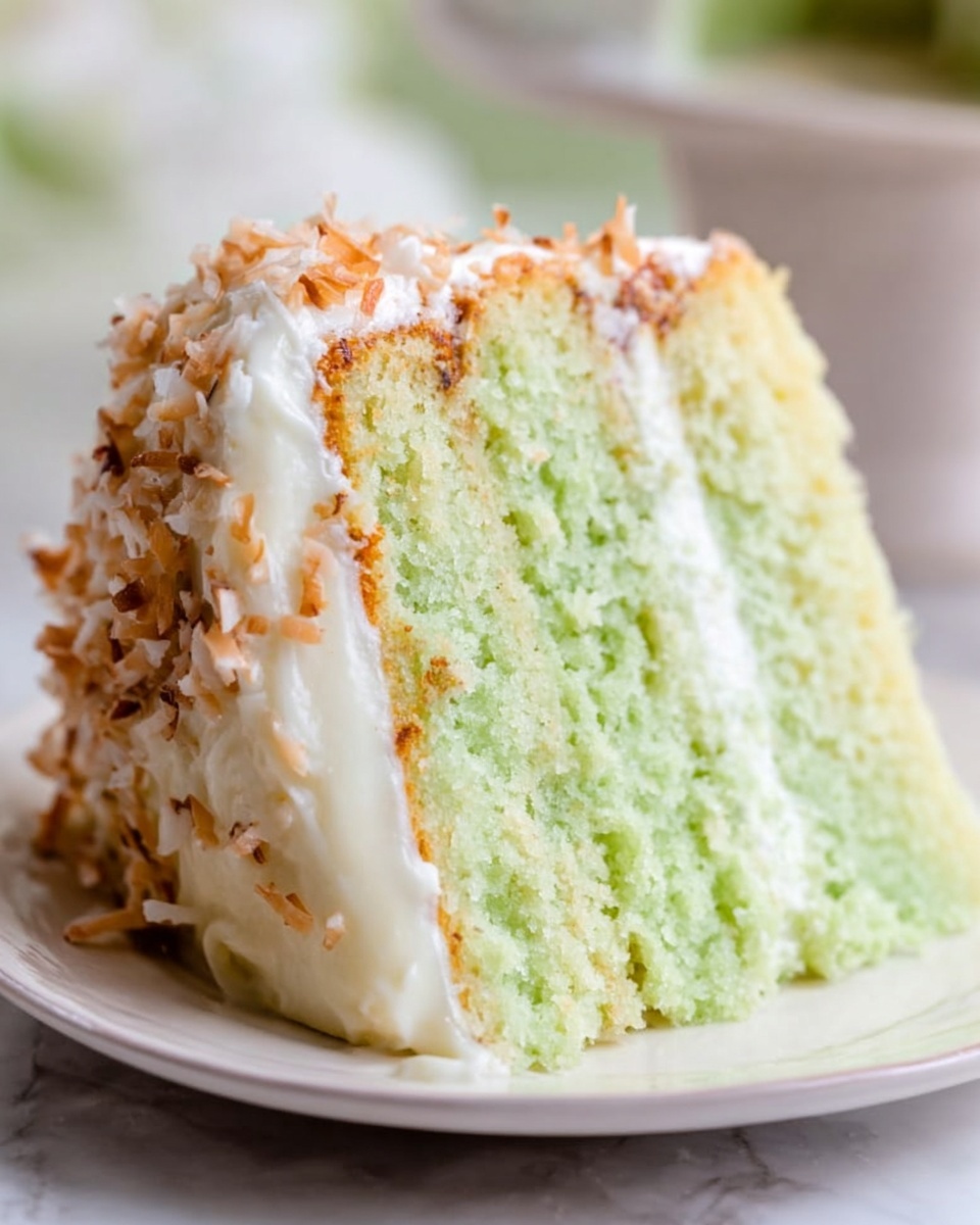 A close-up of a large slice of light green cake on a white plate, showing three layers. The bottom layer is thick and soft with a pale green color and light texture. The middle layer is a thin line of creamy white frosting. The top layer is thick white frosting, smooth and shiny, with small pieces of light brown toasted coconut sprinkled on top. The cake slice sits on a white marbled surface with a blurred soft background. Photo taken with an iphone --ar 4:5 --v 7