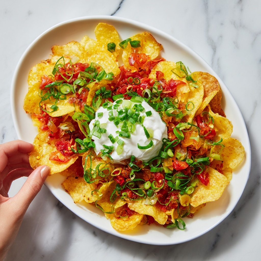 The dish is served in a white oval bowl placed on a white marbled surface. The base layer consists of crispy yellow potato chips scattered unevenly. On top, there are small chunks of red tomatoes and bits of crispy bacon spread over the chips. Bright green chopped spring onions are sprinkled across the dish, adding a fresh color contrast. A dollop of smooth white sour cream sits in the center, slightly melting into the warm chips below. A woman's hand is seen reaching in, picking up some of the chips from the side. photo taken with an iphone --ar 4:5 --v 7