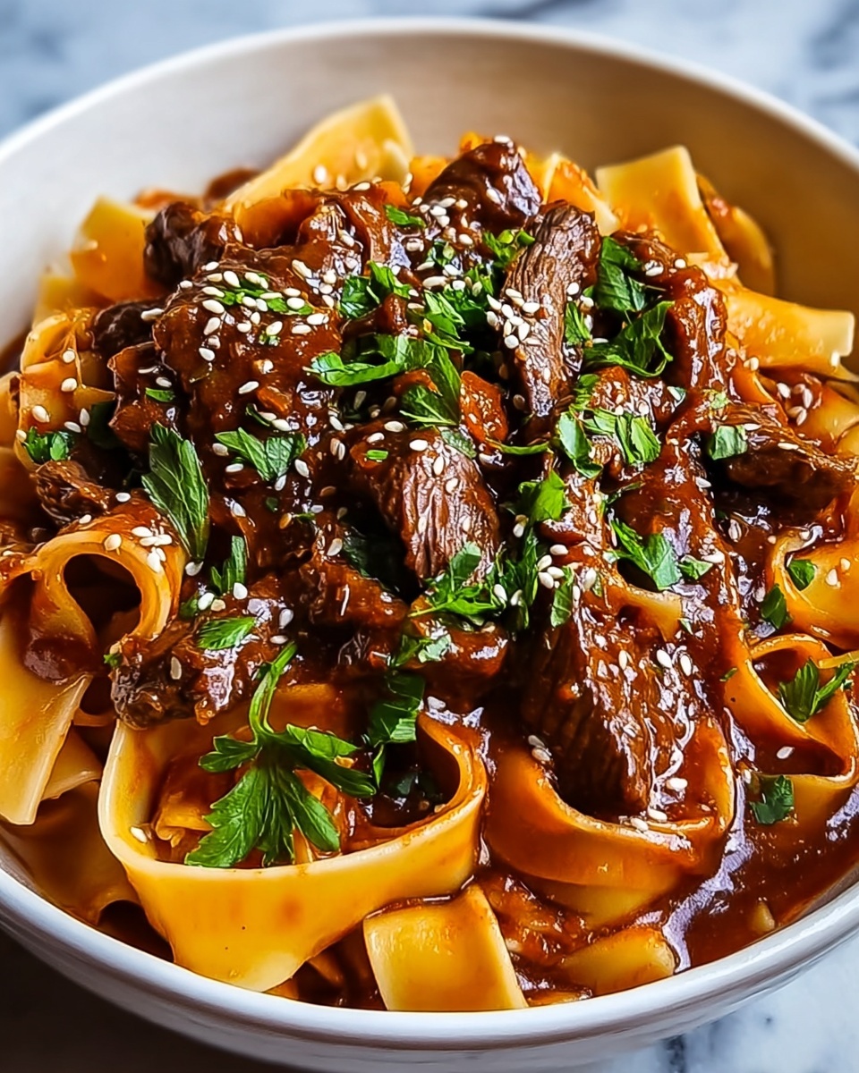 The image shows a close-up of a silver fork holding a mix of wide, flat yellow noodles and small chunks of dark brown meat mixed with green herbs, all coated in a shiny, rich brown sauce with visible oil spots. The background is blurred but shows a full white bowl with more of the same noodle and meat mixture inside. The scene is set on a white marbled surface with blue blurred elements in the far background. Photo taken with an iphone --ar 4:5 --v 7