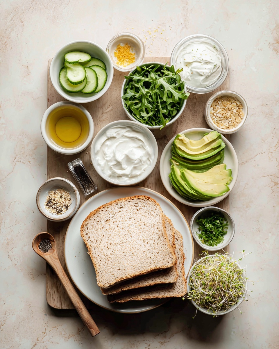 The image shows a white plate in the center with four slices of wheat bread stacked neatly. Around the plate, there are small white bowls with various ingredients: one bowl has light green sliced cucumbers, another is filled with fresh dark green arugula, and a third bowl holds thinly sliced bright green avocado. There is a bowl with white cream, another with white yogurt-like texture, and a wooden spoon with finely grated yellow zest. Also present are small containers with black and white spices, light yellow liquid, chopped green herbs, and sprouts with light brown and green colors. All items rest on a wooden board placed on a white marbled surface. photo taken with an iphone --ar 4:5 --v 7
