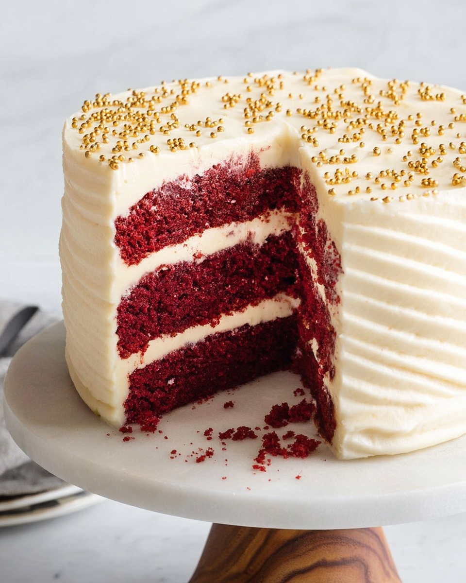 A three-layer red velvet cake with deep red, moist sponge cake layers, each separated by smooth, creamy white frosting. The outside of the cake is fully covered in thick, swirled white frosting with a slightly textured finish. The top is decorated with small, round golden sprinkles evenly spread across the surface. A slice has been removed, showing the clean layers and the inside textures clearly. The cake sits on a white marble cake stand with a wooden base, and the background is a white marbled texture. Photo taken with an iphone --ar 4:5 --v 7