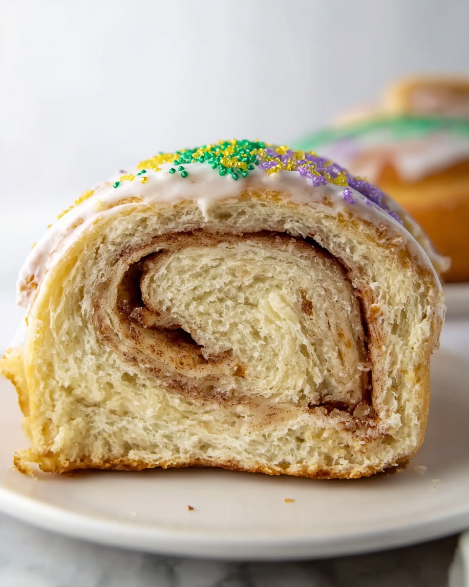 A close-up of a thick, soft sliced roll showing three visible layers; the outer crust is light brown and slightly crisp with a thin layer of white icing on top, sprinkled with green, purple, and yellow sugar crystals. Inside, there are two inner layers of fluffy bread with a light swirl of brown cinnamon filling. The slice is placed on a white plate against a white marbled surface and background. The texture looks soft and fluffy with a hint of gooey cinnamon. photo taken with an iphone --ar 4:5 --v 7