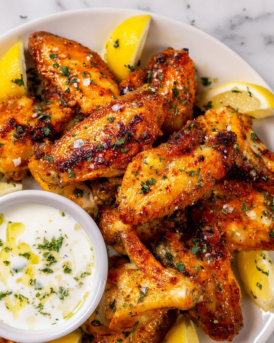 A white plate filled with several golden brown chicken wings, each wing showing a crispy texture with some darker spots from cooking. The wings are sprinkled lightly with chopped green herbs and coarse salt flakes. Around the wings, there are thin lemon wedges placed unevenly, giving bright yellow accents. In the foreground of the plate, there is a small white bowl filled with creamy white sauce drizzled with olive oil and sprinkled with small green herb pieces. The background surface has a white marbled texture. photo taken with an iphone --ar 4:5 --v 7