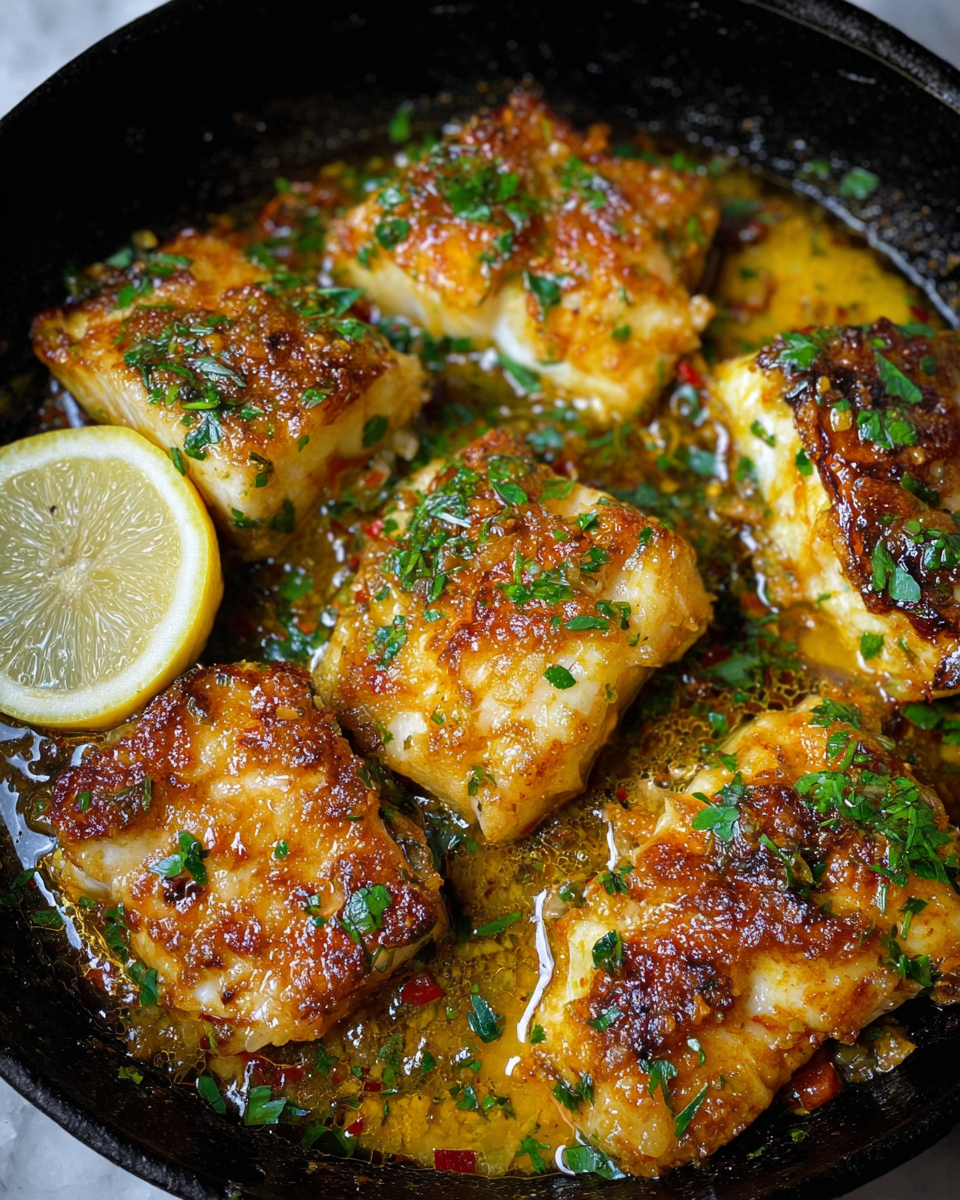 The image shows a black pan filled with five thick pieces of cooked fish, each piece golden brown on top with a crispy texture and small chopped green herbs sprinkled over them. The fish fillets sit in a rich, oily sauce with visible herbs and red pepper flakes. A half lemon is placed inside the pan in the lower left corner. The background surface is changed to a white marbled texture. photo taken with an iphone --ar 4:5 --v 7