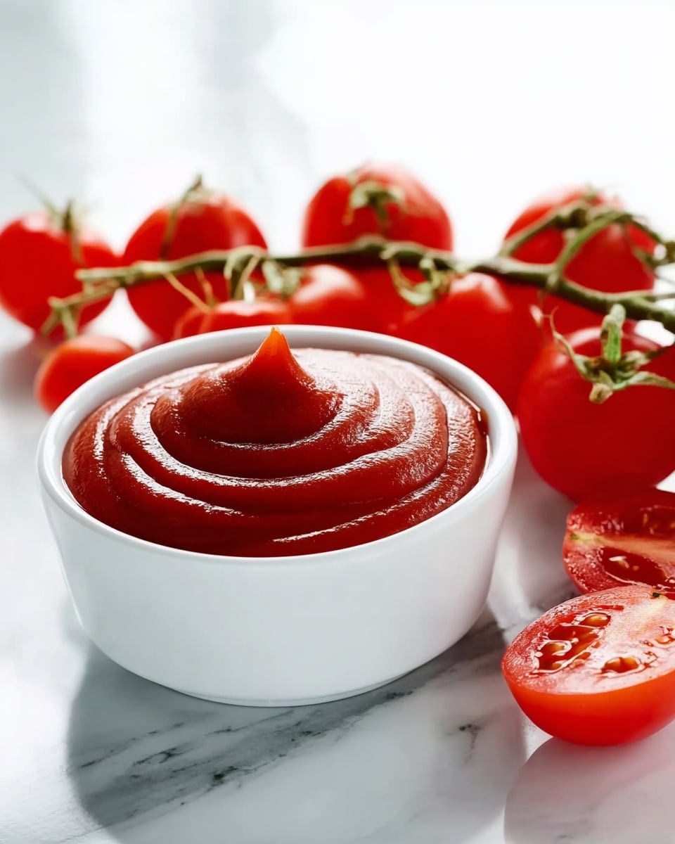 The image shows a small glass jar full of smooth red tomato sauce placed on a white marbled surface. In front of the jar is a clear round bowl filled with the same red sauce with a thick texture. To the right, there are fresh whole red tomatoes attached to green stems, along with two tomato halves showing the juicy inside. To the left of the glass jar, there's a wooden spoon resting on the surface near a red and white checked cloth. Some green rosemary leaves are also placed near the jar. The photo taken with an iphone --ar 4:5 --v 7
