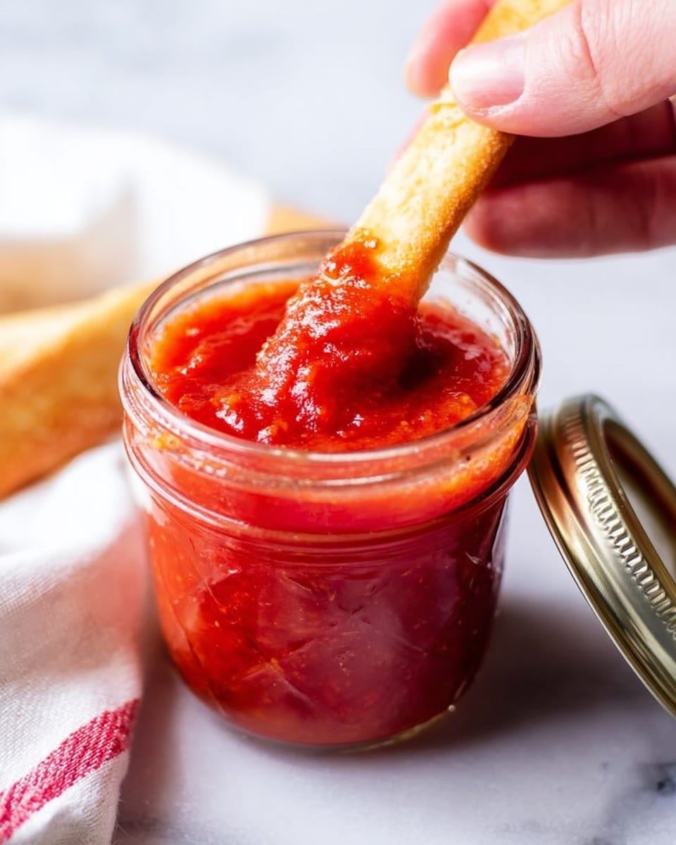 A close-up image shows a clear glass jar filled with smooth, thick red sauce with small texture bits inside. A woman's hand holds a long, thin breadstick dipped halfway into the sauce, which clings slightly to the breadstick in a wet, shiny way. The jar lid, white with a silver edge, lies open next to the jar on a white marbled surface. A white cloth with red stripes peeks in from the left side in the background. The photo taken with an iphone --ar 4:5 --v 7